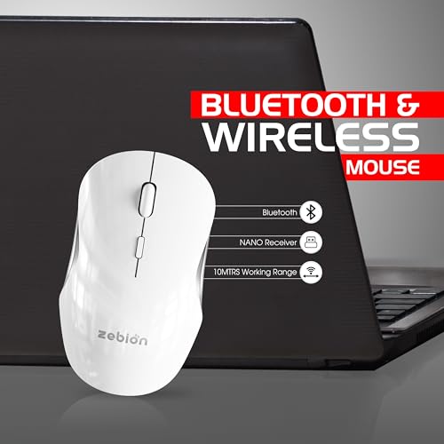 Image of Zebion Connect-3 Triple Mode /Multidevice Mouse,Rechargeable Battery with Type C Cable,Upto 2400 DPI, Silent Click, Ergonomic Design (Bluetooth 5.3 +Bluetooth 5.3, 2.4GHz Wireless) (White)