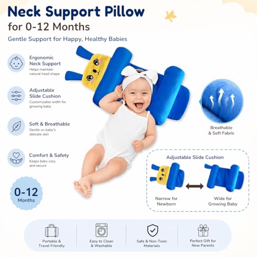 Image of Baby Pillow Combo Set for Newborns & Infants | Toddler Pillow Head Support Cushions with Plush Side Rollers for 0-12 Months (Dark Blue)