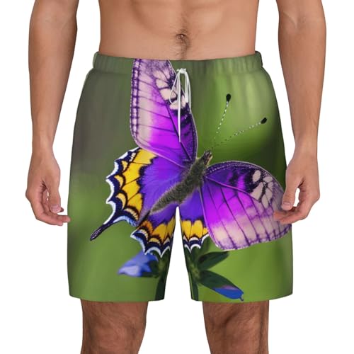Purple Butterfly Pattern Men's Soft Double Swim Shorts, Lounge Swiming Shorts Pants Breathable Summer