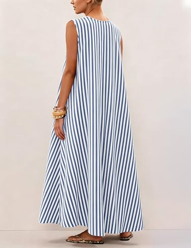 Image of OLAPTA Women Summer Sleeveless Maxi Dress Scoop Neck Ruched Loose Fit Casual Elegant Solid Vacation Long Dress with Pockets