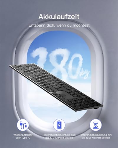 Inateck Kabellose Tastatur,KI-Funktion Bluetooth Tastatur mit 3 Bluetooth Kanälen,Deutsches QWERTZ Layout,Leise Tasten, Kompatibel mit iPadOS Android, Windows,KB06007 6