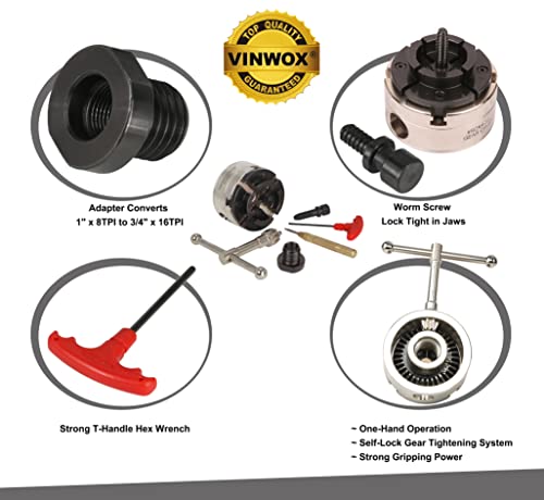 Vinwox Sck4-3.75-Set Wood Lathe Gear Chuck Set, Wood Lathe Key Chuck Set, With 1"X8 Tpi Thread & 3/4"X16 Tpi Adapter, 3 Years Warranty #TOP2
