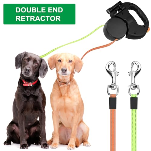Doppelleine für 2 Hunde - Automatische Hundeleine für 2 Hunde, 360°Verhedderungsfreier Leinenverlängerung Rutschfester Griff Robust Inklusive Beleuchtung Mülleimer Müllsäcken Geeignet für Zwei Hundes