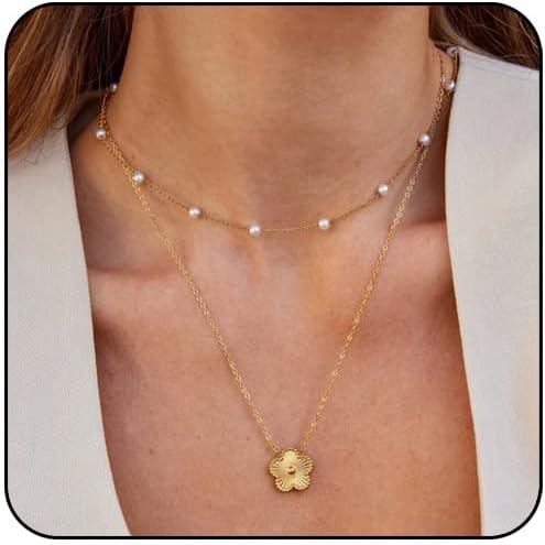 Layered Stainless Steel Necklaces For Women, Pearl 18k Gold Plated Lucky Five Leaf Clover Pendant Necklace Charm Dainty Set Jewelry Gift - Image 2