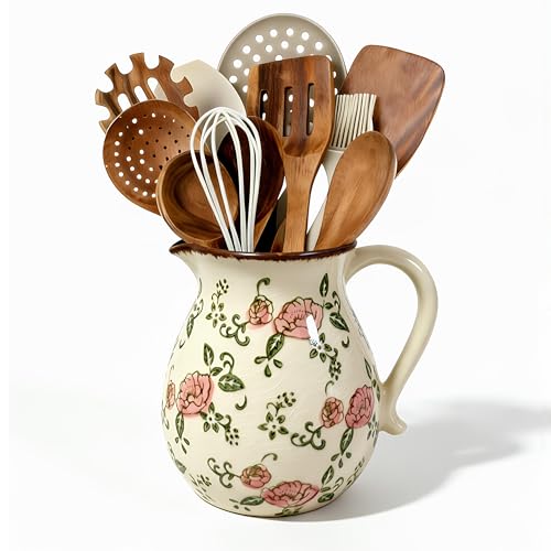 Ceramic Utensil Holder Red Rose 6.1" Rustic Farmhouse Kitchen Counter Crock