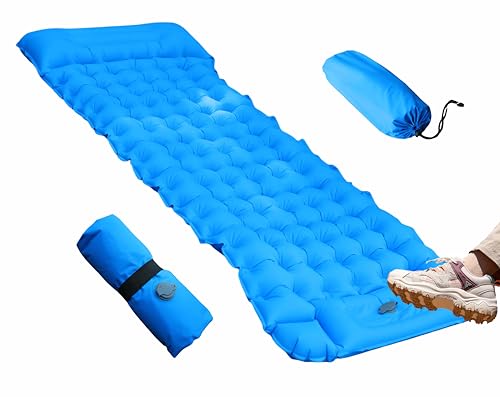 OURJIA Camping Sleeping Pad, Ultralight Camping Mat with Pillow Built-in Foot Pump Inflatable Sleeping Pads Compact for Camping Backpacking Hiking Traveling Tent (Sky-Blue)