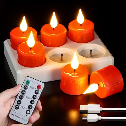 Image of Rechargeable Flameless Tea Lights with Charging Base and USB Cable, Remote Control and Timer, Realistic Flickering Warm White Light, 6 Pack Red LED Candles