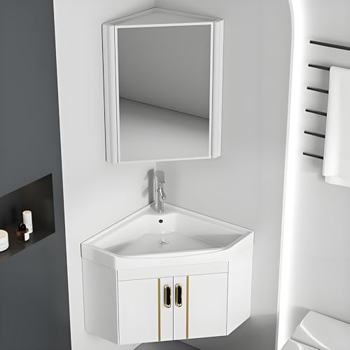 Vani de baño esquinero con fregadero y espejo, armario de pared que ahorra espacio, juego Clete con grifo y accesorios para baños pequeños (blanco, 56 cm)