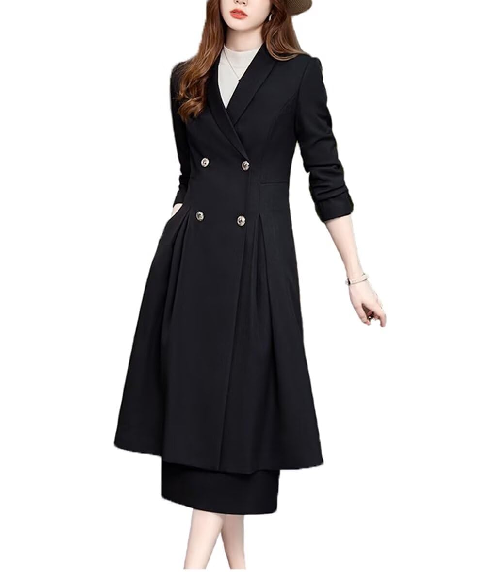 Womens Solid Suits 2 Piece Set Shawl Collar Overcoat Pencil Skirt Ladies Business Wear Separates-Coat Skirt