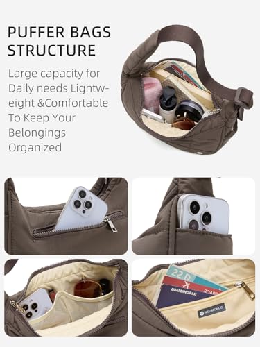 Image of WESTBRONCO Small Puffer Crescent Shoulder Bag for Women, Nylon Quilted Shoulder Purses, Puffy Handbags with Adjustable Strap