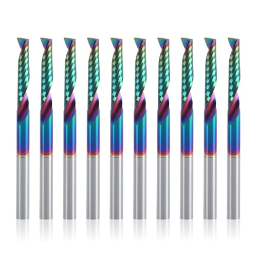 BFVV 10 pcs O Flute CNC Router Bit Set, 1/8-inch Shank Single Flute End Mill, Spiral Up-Cut Solid Carbide Milling Cutters with DLC Coating, Ideal for Aluminum, Plastic, Acrylic, Wood, MDF and PVC