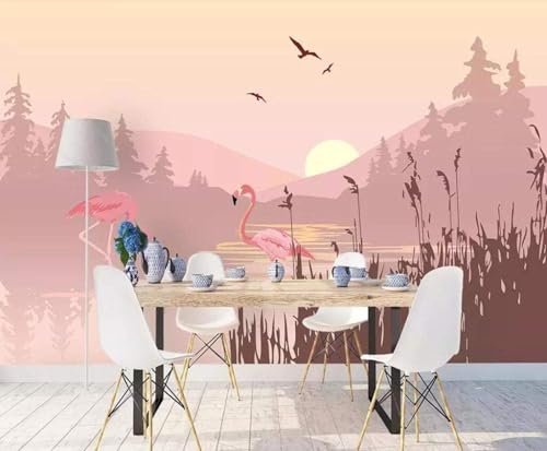 Tzxztt Amanecer Pájaros Rosa Animales Flamencos Moderno Papel Pintado 3D Seda Texturizada Primera Calidad Neutros Material Ideal Para SalóN Dormitorio-300cm×210cm
