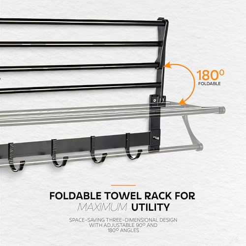 Image of MIORAH 24 Inch Foldable Aluminum Towel Rack for Bathroom - Wall Mounted Double - Tier Towel Holder with Rod & Hooks | Rustproof Black