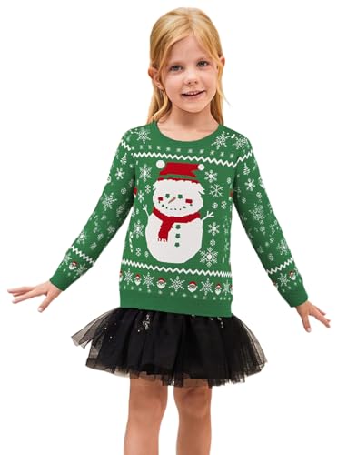 Atforna Jersey de Navidad para familia, conjunto de jersey de punto, cuello redondo, divertido suéter de Navidad con patrón de árbol de Navidad, Muñeco de nieve verde-niño, 8 años