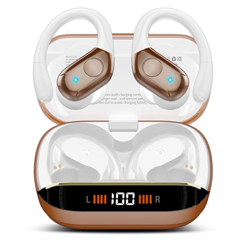 Image of Qecnato Wireless Earbuds Bluetooth Stereo Deep Bass Sports Ear Buds with Earhooks, LED Display Bluetooth Ear Buds with 4 ENC Mic, IP7 Waterproof Earphone, Dark Brown