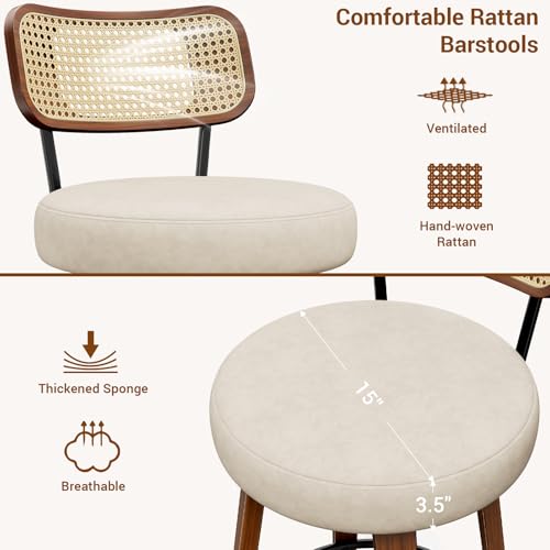Image of YaFiti Swivel Bar Stools Set of 4, 26''H Upholstered Barstools with Rattan Backs and Wood Legs, PU Leather Counter Height Bar Chairs for Kitchen Island, Cream White