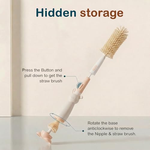 Image of TONY STARK Baby 3-in-1 Silicone Bottle Cleaning Brush Set | 360 Rotatable Handle, BPA-Free Soft Bristles for Cleaning Bottles, Nipples & Pacifiers Safely (Cream)