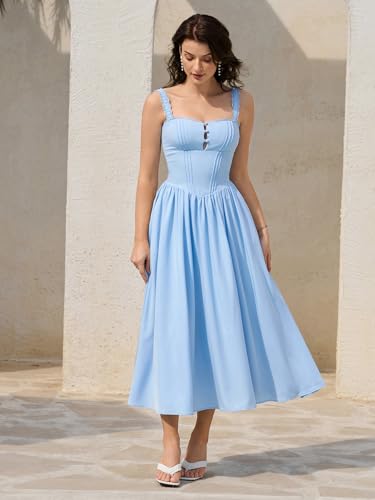 Image of KUTUMAI Women Summer Corset Midi Floral Wedding Guest Dresses with Pockets | Lace Neck, Smocked Back, Flowy A Line Sundress for 2026 Engagement Photoshoot Bridal Shower Garden Party