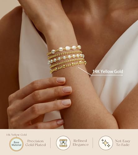 Adoyi Gold Bracelets For Women, 14K Gold Plated Beaded Bracelets Stack Trendy Stackable Bracelet Set Strand Stretch Pearl Ball Bracelet Gold Jewelry Set For Women Gift thumb #4