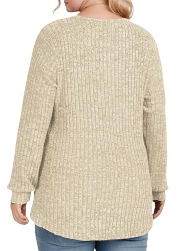 ROSRISS Womens-Plus-Size-Tops Trendy Long Sleeve Henley Shirts Casual Ribbed Knit Tunics Dressy Crewneck Pullover Sweaters3