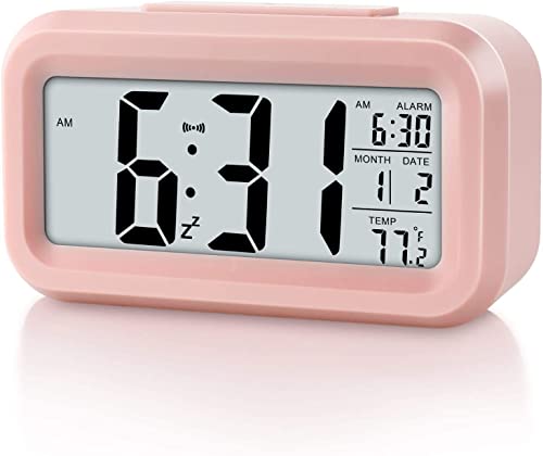 HYCLAM-Reveil-numerique-Horloge-a-Affichage-LED-avec-Affichage-de-la-temperature-Snooze-capteur-de-luminosite-Intelligent-pour-la-Chambre-a-Coucher-la-Maison-Le-Bureau-et-Les-Voyages-Pink