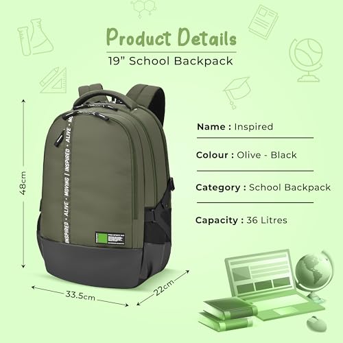 Image of Gear Inspired 19 inch /36L Large Water Resistant School Bag | Casual Backpack | Daypack | Travel Backpack | Kids Bag for Boys /Girls (Olive - Black)