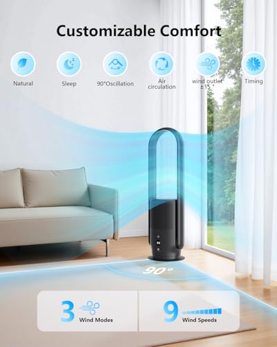 Image of U ULTTY Bladeless Tower Fan and Air Purifier in one, Quiet Tower Fan with Remote, Touch, 9 Speeds, 8H Timer, HEPA Filter 99.97%, 90 Oscillation Fans, Floor Fans Powerful for Home Office Room, Black