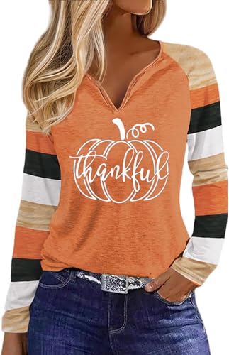 Fall T-Shirts for Women Thanksgiving Pumpkin Plaid V-Neck Long Sleeve Tee Autumn Casual Holiday Graphic Tops