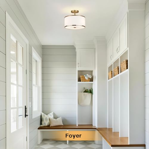 CALOKES Luxury Semi Flush Mount Ceiling Light, 3-Light Drum Lamp with Gold Brass Finish and Fabric Shade, Ideal for Bedroom, Kitchen, Dining Room, Hallway, Entryway, and Foyer, 12.6" by CALOKES - Image 6