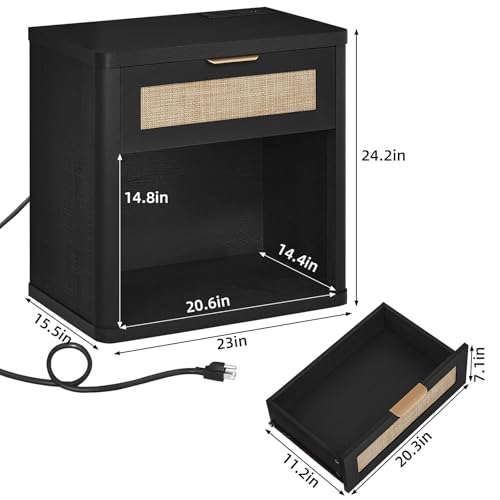 Image of LEYAOYAO Rattan Nightstands Set of 2 with Charging Station, Black Night Stand with Drawer, 23 inch Wide Boho Bedside Table with Storage Shelf, Bed Side End Tables for Bedroom, Living Room, Hallway