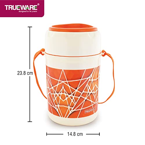 Image of Trueware Trendy 4 Inner Steel Outer Plastic thermoware Lunch Box | 4 Container 300 ML Each-Orange | PU Insulated | Lunch Box | Tiffin | Hot lunch box | Leak Proof | Easy to Carry | Hot & Cold Food Grade| BPA Free | Stainless Steel Dabbi | Office | Outdoors | For Men, Women, and Kids