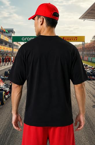 Image of Khakey Men's F1 Racing Graphic Printed Black T-Shirt | Formula 1 Back Print Drop Shoulder Tee | Motorsports Car Print Tshirt for Men & Women | Cotton Streetwear Tee's | Unisex Fit