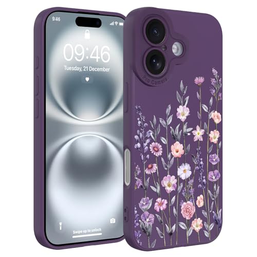 Image of Designed for iPhone 16 Case Flower for Women Girls, Dark Purple | Cute Floral Pattern Liquid Silicone Phone Case [Full Camera Protection] Slim Soft TPU Protective Cover