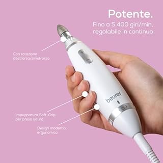 Beurer MP 62 Fresa Professionale per Manicure e Pedicure, 5400 giri/min, 10 Accessori in Feltro e Zaffiro, Luce LED Integrata, Velocità Regolabile, Custodia Inclusa, Bianco