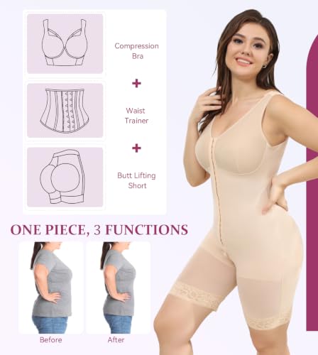 Image of M MYODRESS Fajas Colombianas Plus Size Postpartum Full Body Shaper with bra | 52%Nylon 48%Spandex, 3 row hook Adjustable Compression, breast support and butt lifter, for postpartum post surgery daily