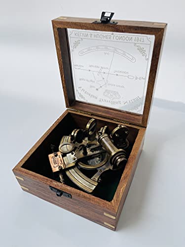 Image of Malla Inc. Nautical 5 inch Brass Working Navigational Sextant with Compass in Hardwood Box - Marine Sextant