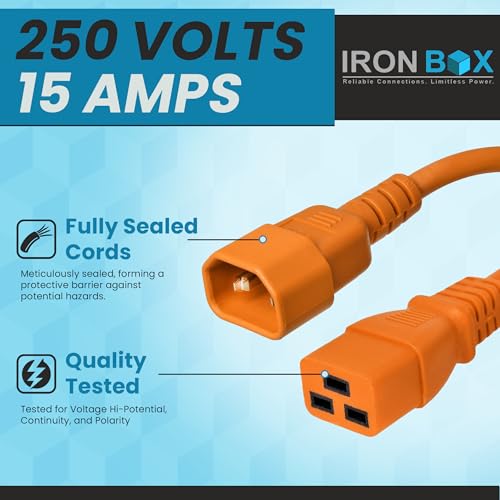 Image of IronBox Electric - Heavy-Duty C14 to C19 Power Cord, 15A, 250V, 14 /3 SJT - IEC60320 PC Cable for Computer Extensions, Monitor, PSU - C14 Male to C19 Female Connector Power Cable - (Orange 10 Foot)