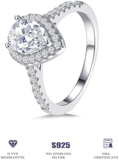 925 Sterling Silver White Gold Plated Pear Cut Moissanite Halo Ring, 1.25ct, Wedding and Anniversary