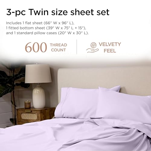 Image of Threadmill Sheets for Twin Mattress | 600 Thread Count Twin Bed Sheets Set with 15 inch Deep Pocket | Sateen Weave 3-Piece Bedding Set with Cooling Effect | Lilac