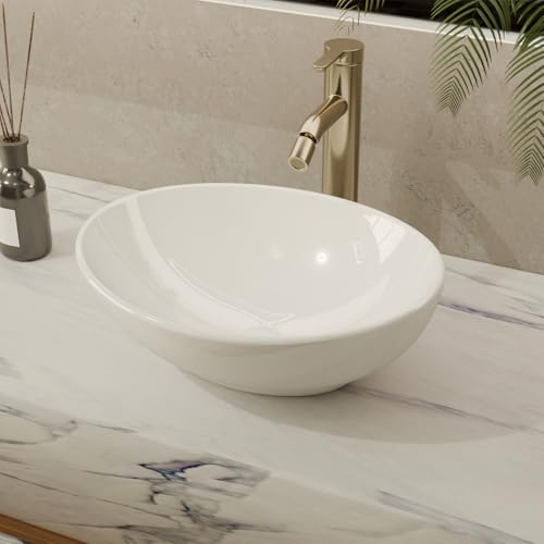 NUESTRA VIDA Lavabo Sobre Encimera de Cerámica en Blanco Brillante, Lavabo Ovalado de Baño 41 × 33 × 14cm, Lavamanos Aseo Cuarto de Baño