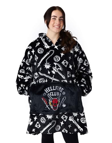 Stranger Things Sudadera con Capucha de Manta portátil para Adultos | Ropa de Estar por casa Negro de Gran tamaño para Hombre y Mujer | Hellfire Club | Traje de Pijama Serie Netflix Mercancía Regalo