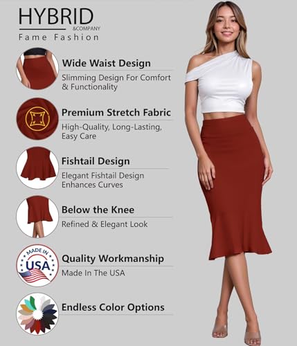 Image of HyBrid & Company Womens Premium Nylon Ponte Stretch Office Fishtail Pencil Skirt High Waist Made in The USA Below Knee