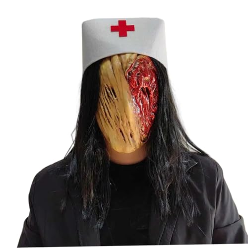 Máscara de Miedo Enfermera máscara de Halloween Realista de látex con Cabello Largo y Sombrero Horror Halloween Decoraciones para Cosplay Masquerade Party de látex Props Nurse.