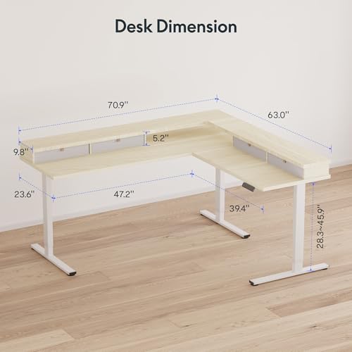 Image of FLEXISPOT 71 inch L Shaped Standing Desk Electric Corner Table with Shelf, 4 Storage Drawers, Adjustable Computer Workstation for Home, Office, Game, Studio,Light Maple Top + White Frame