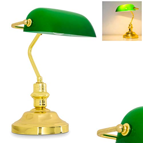 Preisvergleich Produktbild Klassische Bankerlampe, Retro Tischlampe aus Metall in poliertem Messing, Leuchtenschirm aus Glas in Grün, E27-Fassung max. 60 Watt, Tischleuchte für Büro u. Schreibtisch