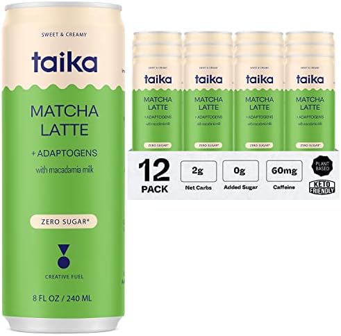 Taika Matcha Latte - Ready to Drink Hot & Cold Brew Matcha Latte in Cans - Organic Ceremonial Grade Matcha w/ Ashwagandha, Lions Mane, Cordyceps, Reishi & L-Theanine - 8 Fl Oz (Pack of 12)
