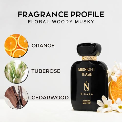 Nisara Midnight Tease Perfume For Women, 100ml Girl Long Lasting Liquid Eau De Parfum, Floral Woody Musky Fragrance With Musk, Cedarwood & Vanilla Notes