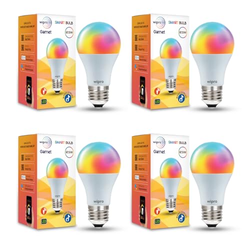 wipro 12.5W E27 Wi-Fi Smart LED Bulb with Music Sync | Voice Control with Alexa, Google Asst | App Control |16 M Colours, White Tunable - Warm, Neutral & Cool White +Dimmable | Scenes | Pack of 4