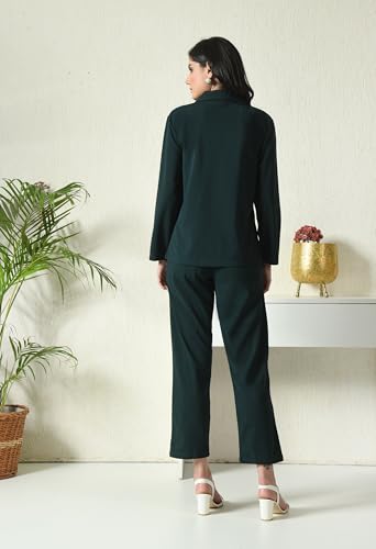 Image of Women's Lyocell Casual Solid Full Sleeve Collared Top and Pant Set with Blazer | Western Set for Women