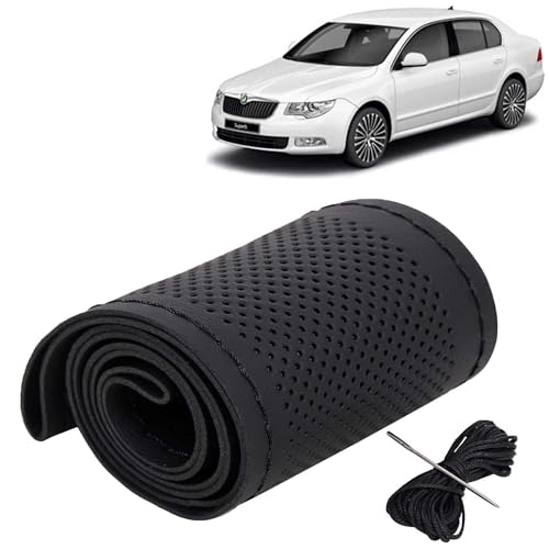Image of KINGSWAY PU Leatherite Car Steering Cover Sewable Compatible with Skoda Superb (Year 2008-2015), Black Color with Black Thread, Pack of 1 with Sewing Needle and Thread